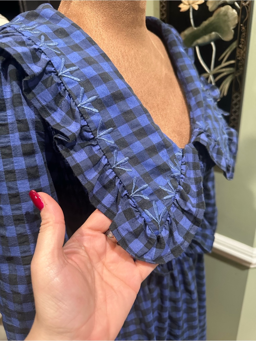 MANGO Blue & Black Gingham Smocked Babydoll Dress – Size 2 - Picture 13 of 16